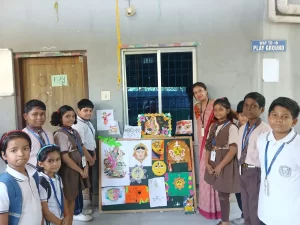 Teacher and students watching board decoration 
